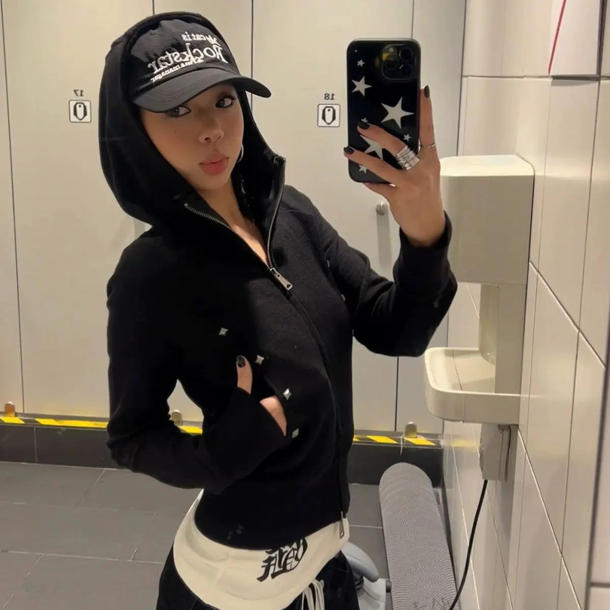 Harajuku Casual Rivet Hooded Hoodies 2025 Autumn Women Y2k Aesthetic Dual Zippers Streetwear Coats Grunge Slim Fit Sweatshirts