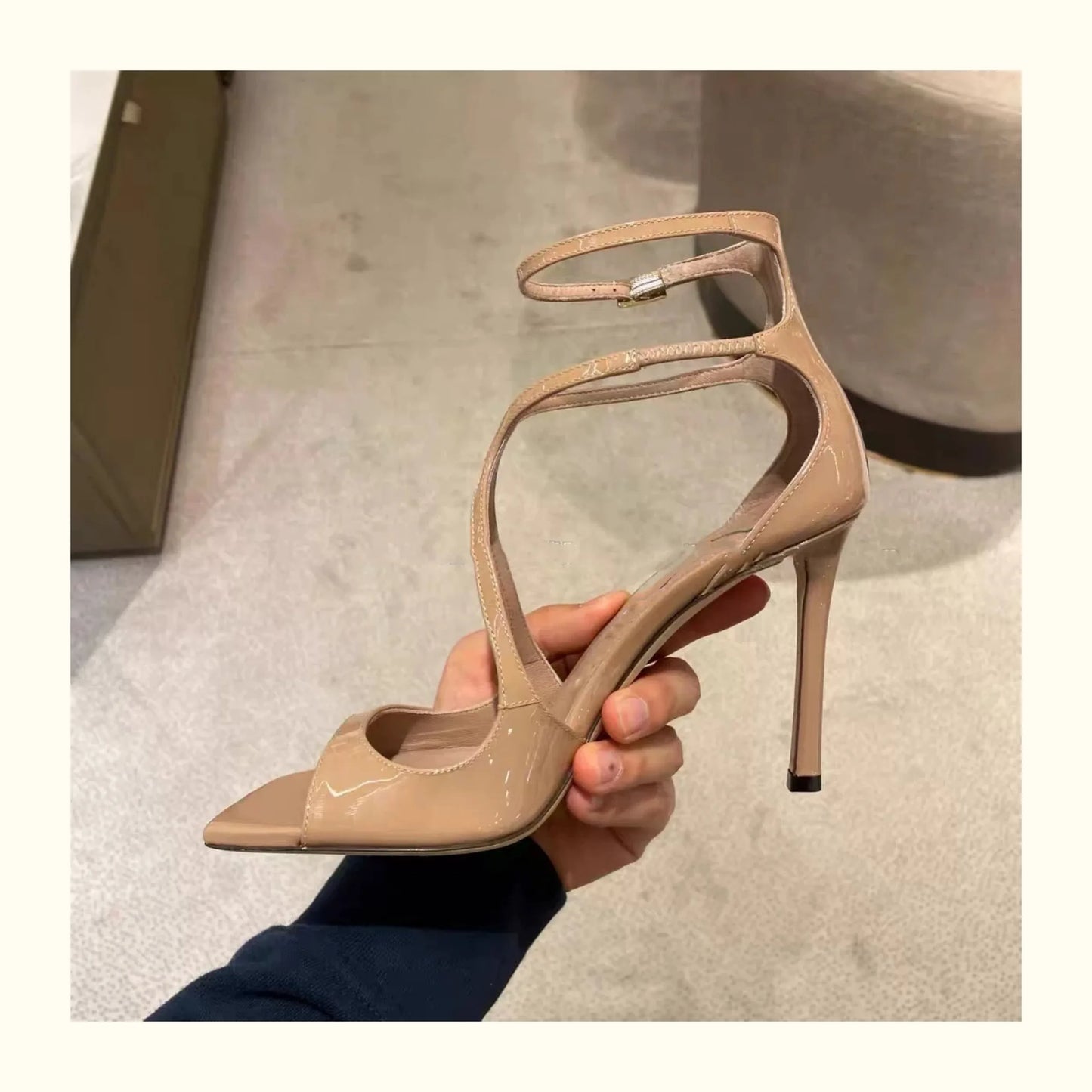 2025 European and American Women's New Square Toe Sandals Summer Nude Patent Leather Stiletto Sexy High Heels