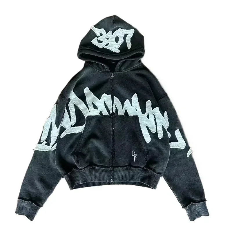 American Fashion Hip Hop Letter Embroidered Zipper Hoodie Men Street Y2K New Casual Loose Fleece Padded Sweatshirt Unisex Hoodie