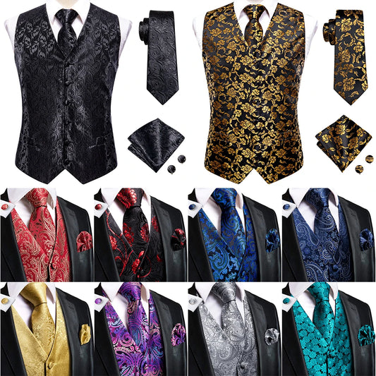 Hi-Tie Black Men Vest Paisley Jacquard Necktie Hankerchief Cufflinks Sets Male Sleeveless V-Neck Waistcoat Business Formal