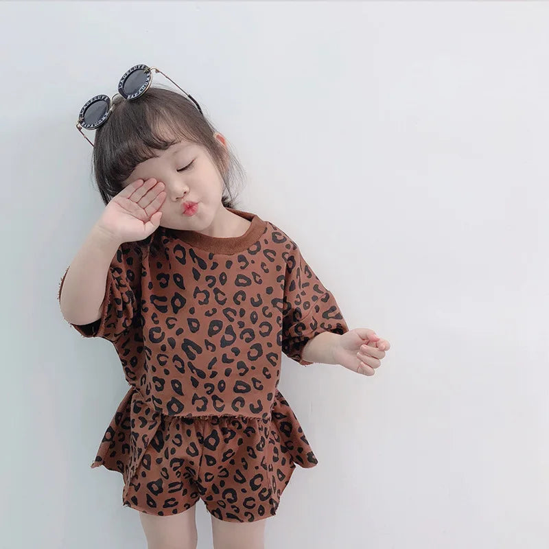 Fashion Baby Girls Sets Casual Summer Clothes Mother Kids Leopard Print Suit Cotton Short Sleeve T-shirt Pants Children's Set