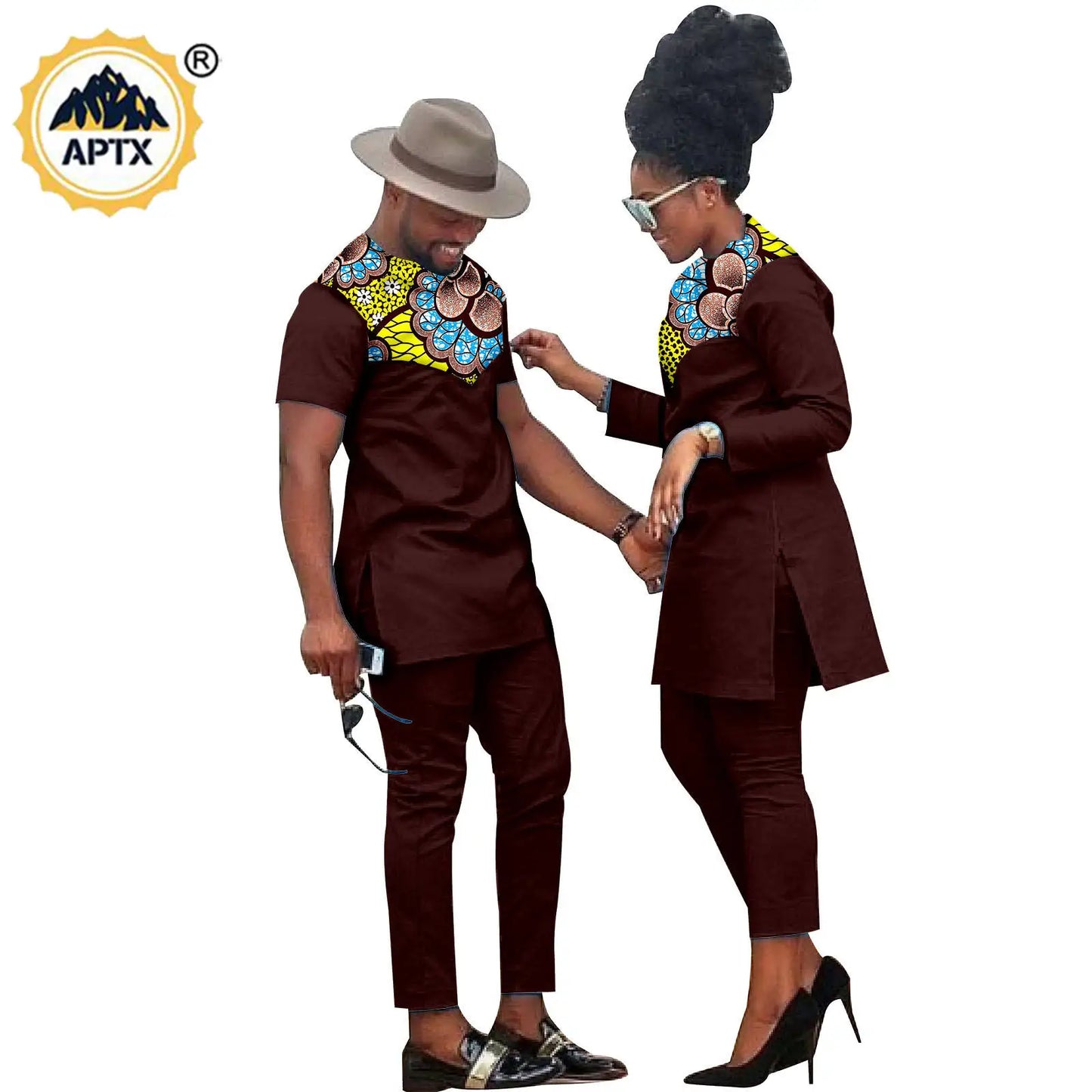 African Men Suits Bazin Riche African Couple Clothes Women Sets Matching Men Outfits Kaftan Patchwork Top and Pant Sets S20C001