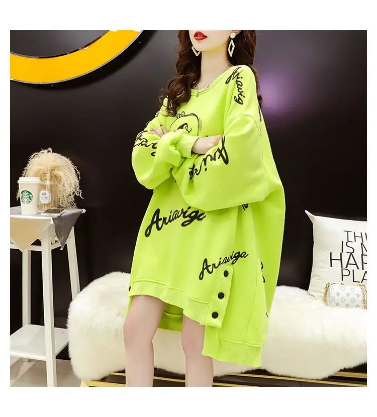 Spring Autumn Y2K Harajuku Printed Sweatshirts Women Round Neck Long Sleeve Mid-length Pullovers Korean Button Asymmetrical Tops