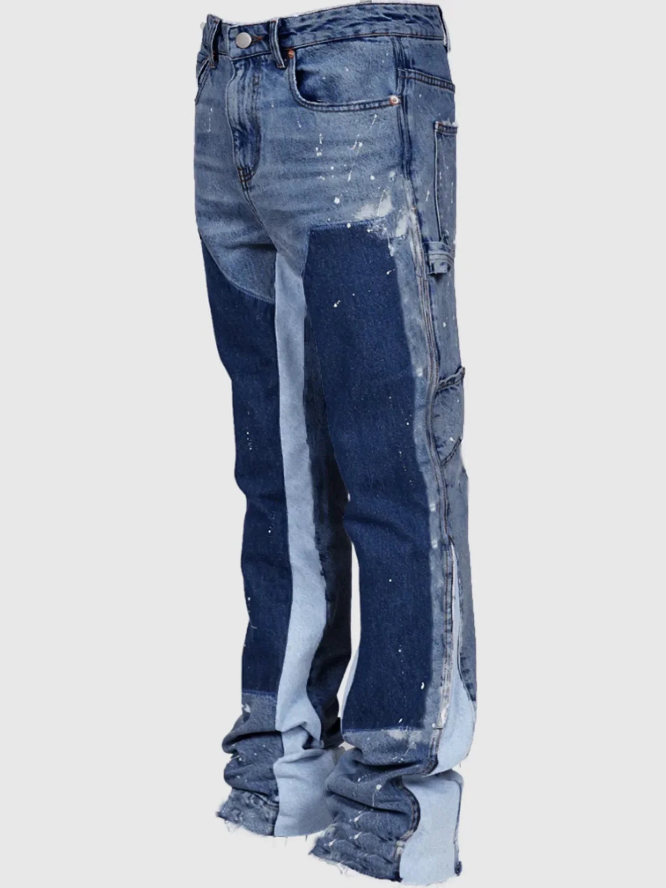 2025 Men's Fashion Jeans Work Pants, European and American Fashion Workwear Elastic Patchwork Denim Layered Flared Pants S-XXL