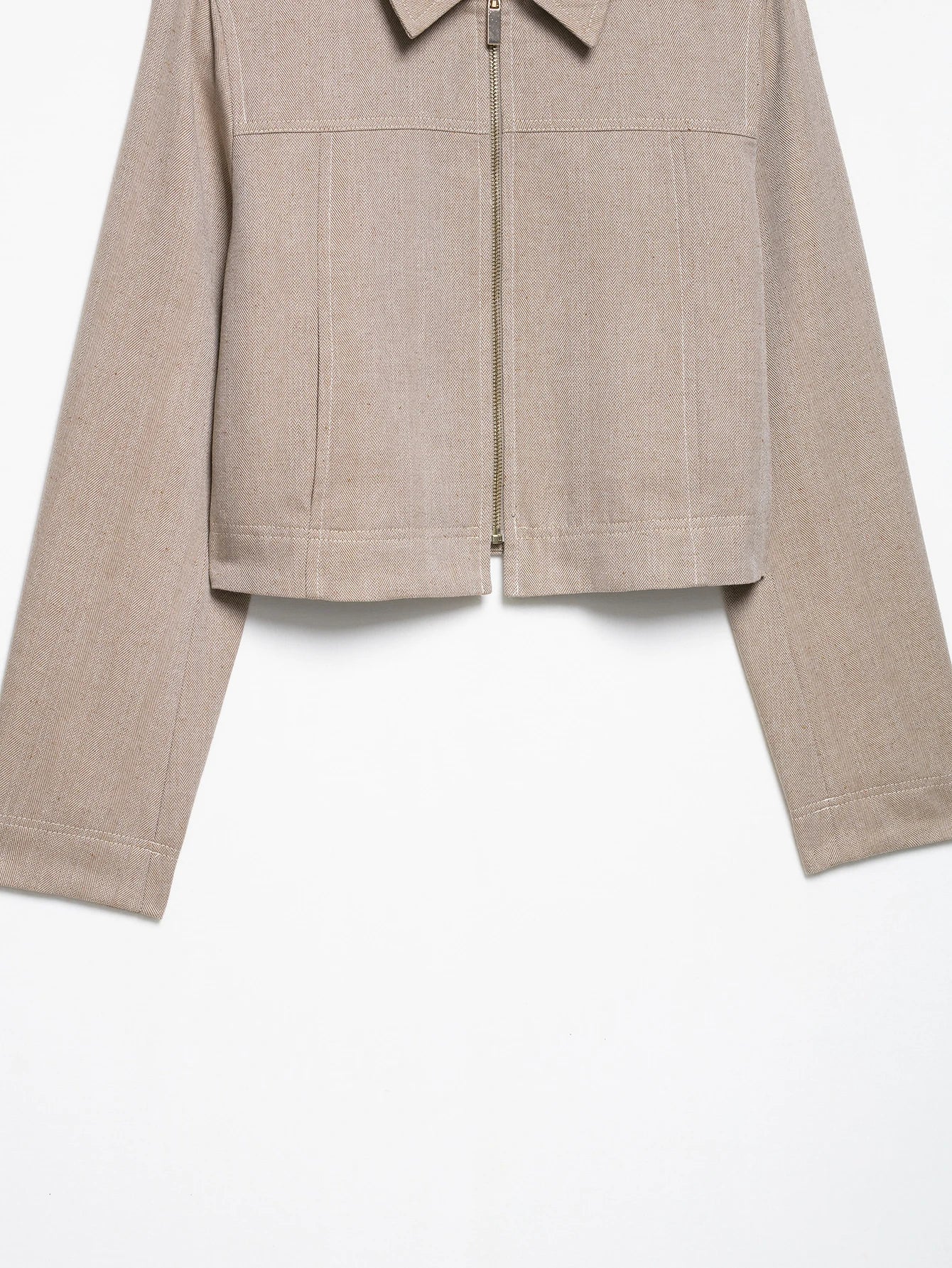 EDSA Women Khaki Herringbone Pants Set Cropped Jacket Long Sleeves Side Zip Low-rise Straight Leg Long Trousers Female Suits