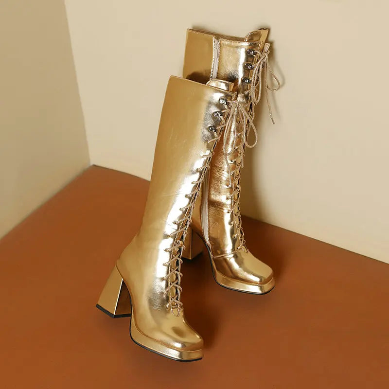 Big Size 45 46 Women Shoes Winter Fall Warm Lace-up Chunky High Heels Metallic Gold Silver Knee-high Riding Platform Goth Boots