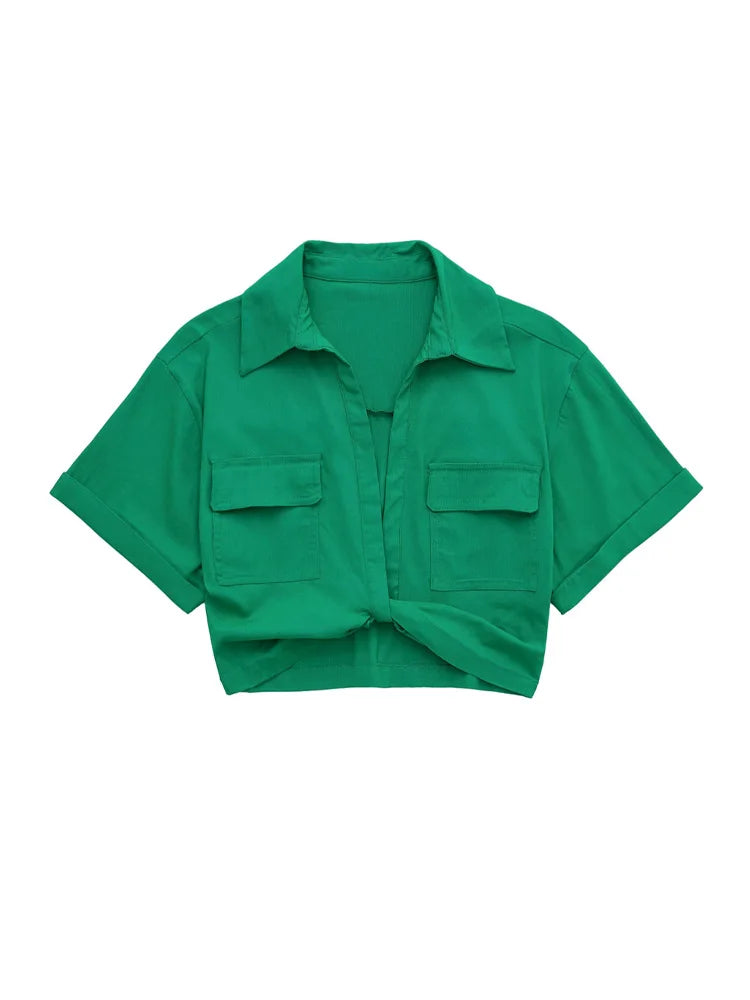 Women Fashion Front Knot Elastic Linen Cropped Shirts Vintage Short Sleeve Patch Pockets Female Blouses Blusa Chic Tops