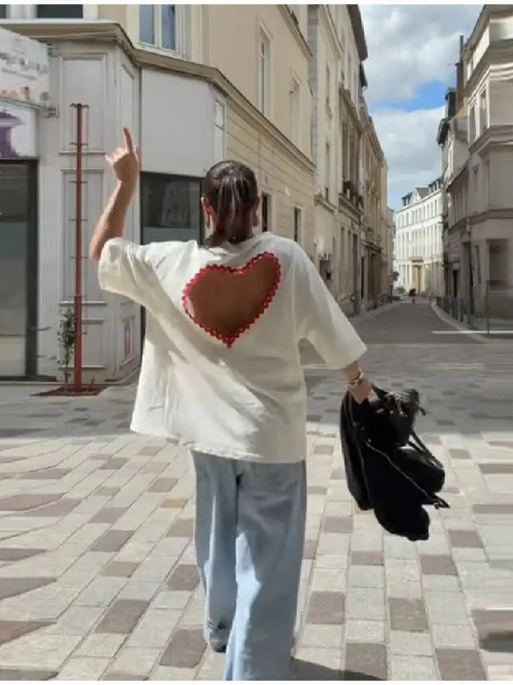 Y2k Style White Oversized T Shirt Women Fashion Backless Heart Cutout Red Trim Half Sleeve Tops Summer Casual Streetwear Outfits