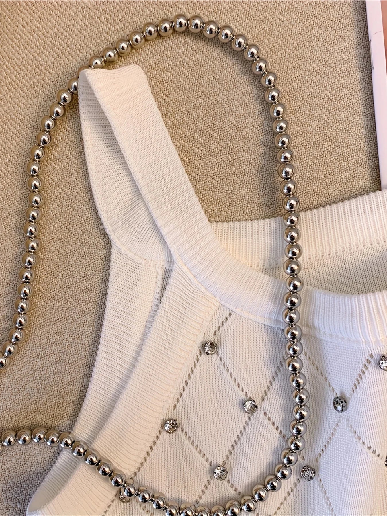 Solid Rhinestone Eyelet Spaghetti Top Casual Crew Neck Sleeveless Knitted Cami Top For Spring Summer Women's Clothing Crop Top