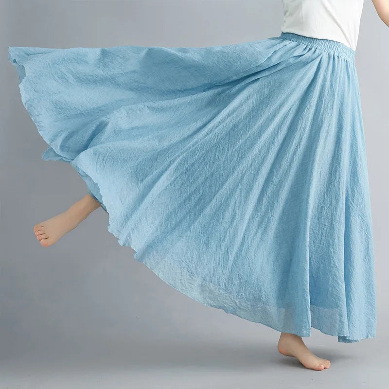 New 2020 Women Linen Cotton Long Elastic Waist Pleated Maxi Skirt Beach Vintage