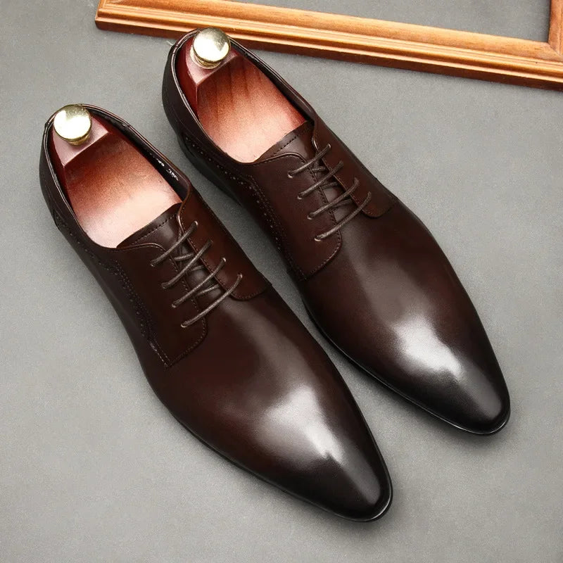Leather shoes for men, lace up shoes for men, pointy, leather, high-end wedding, dress, Oxford, Lefu shoes, large, British style
