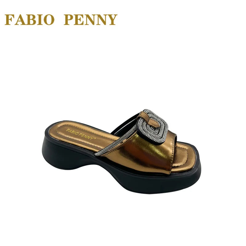 FABIO PENNY2026 new solid-color exquisite water diamond design thick-soled women's fashionable slippers and party sandals