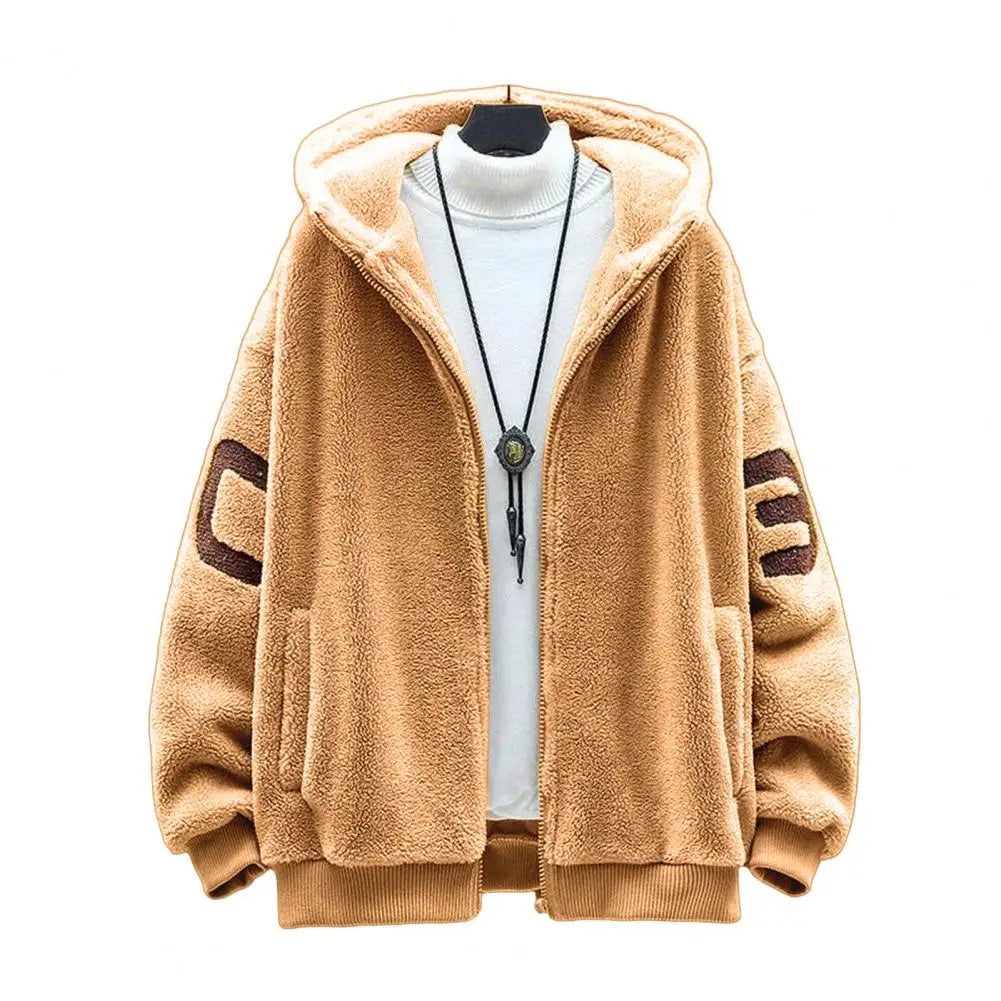 Faux Sherpa Thickened Men Jacket Zipper Closure Pockets Hooded Jackets Casual Thickened Sherpa Lining Winter Warm Men's Jackets