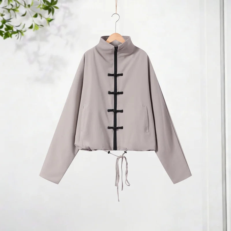Casual Zipper Shirt Pants Suit Women Solid Button Stand Collar Drawstring Shirts Loose High Waist Trousers 2026 Spring Set Lady