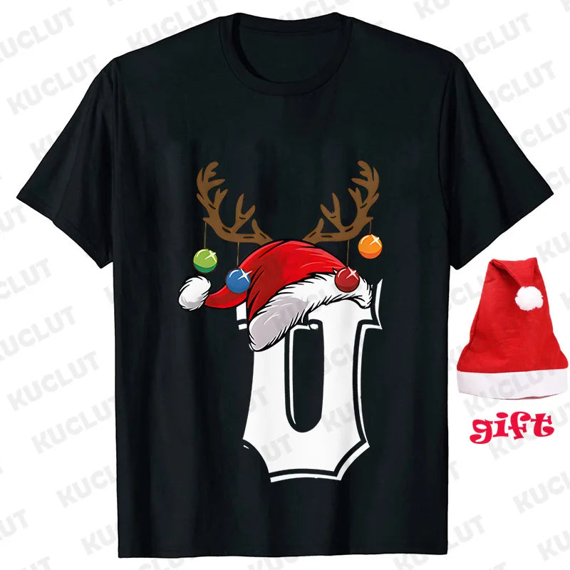Funny Christmas Party Tshirt Fashion Women T Shirt Tops Short Sleeves T-shirt 26 A~Z Alphabet Casual Tees with Santa Hat Gift