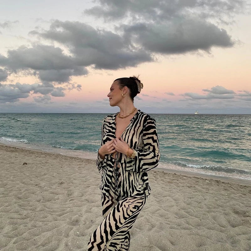 Cryptographic Animal Print Mesh Sheer Stripe Tie Front Detail Top Matching Sets Fashion Outfits 2 Piece Sets Holiday Beachwear