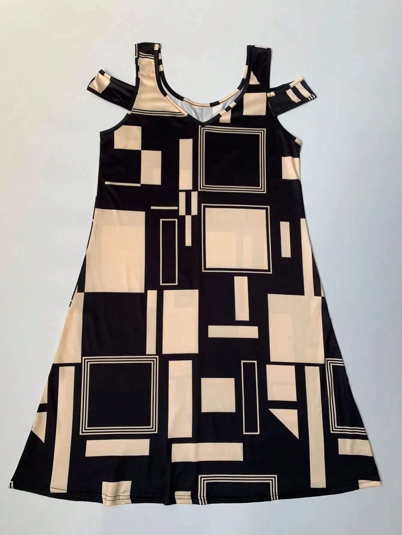 Summer Geometric Pattern Off-shoulder V-Neck Dress For Women,Casual Summer Sundress, Flowy Everyday Mini Dress