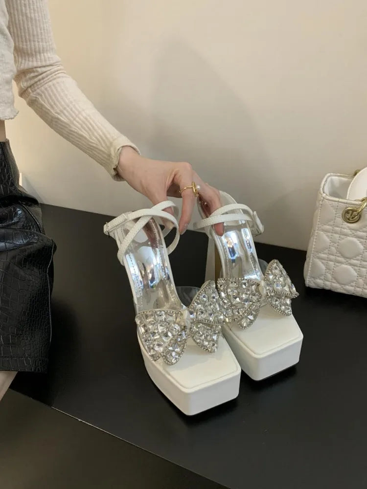 Luxury Rhinestone Transparent Platform Sandals Women Open Toe Summer Fashion Slingback Party Dress Shoes Crystal Bow High Heels