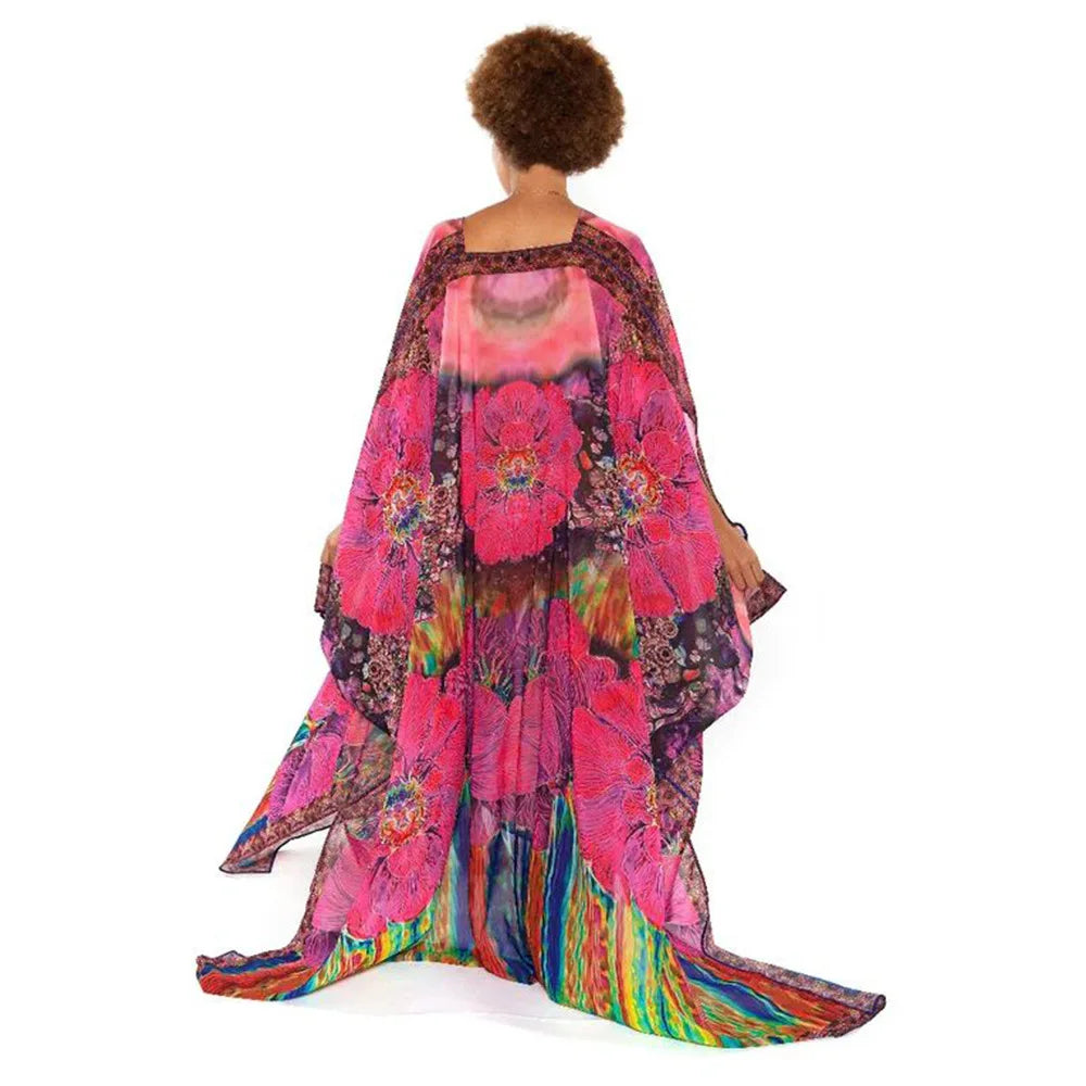 African Dresses for Women See-Through Chiffon Sexy V-neck Bohemian Printing Maxi Dresses Africa Kimono Bikini Holiday Beachwear