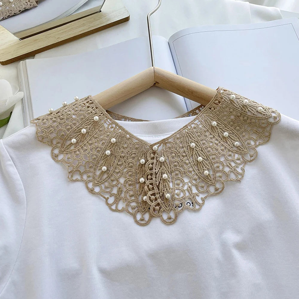 Pearl Hollow Fake Collar Ladies Embroidered False Collar Shawl Wrap Removable Neck Ties Shawl Detachable Shirt Clothes Accessory BAZAARHUBO