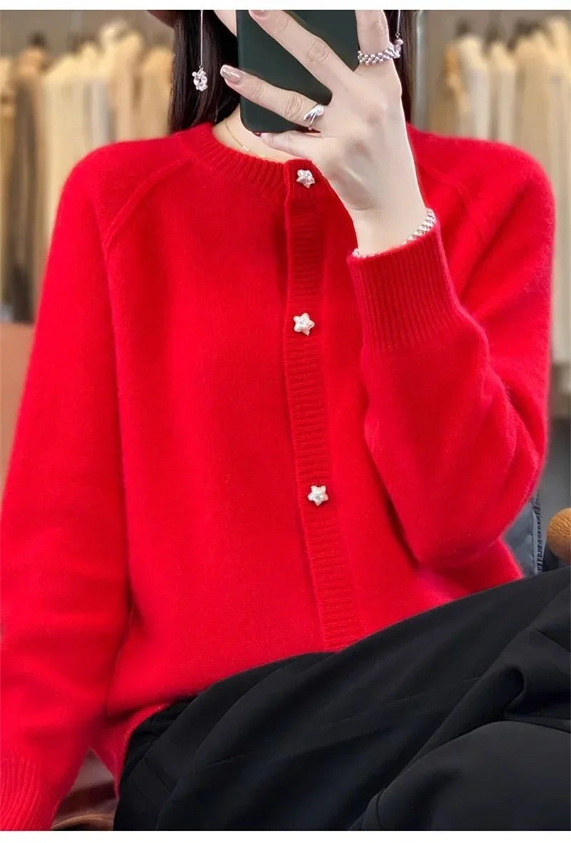 New Women Cardigan Sweater Autumn/Winter Round Neck Star Button Solid Knit Bottoming Shirt Jacket Quality Knitwear Female Tops