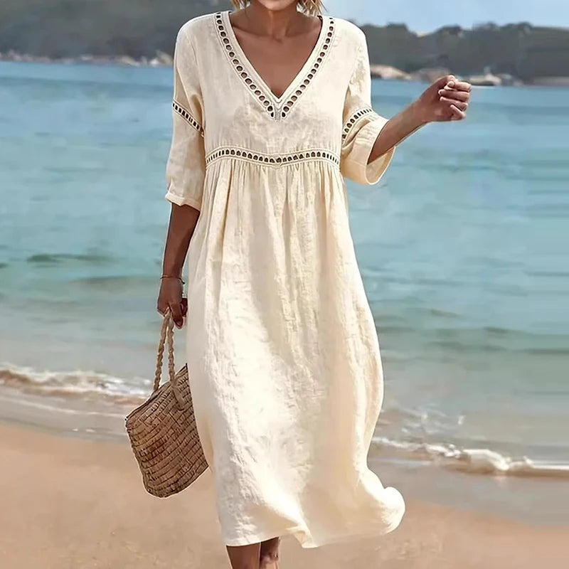 Summer V Neck Half Sleeve Loose Beach Holiday Dress Women Casual Hollow Out Design Solid Color A-line Midi Dress Boho