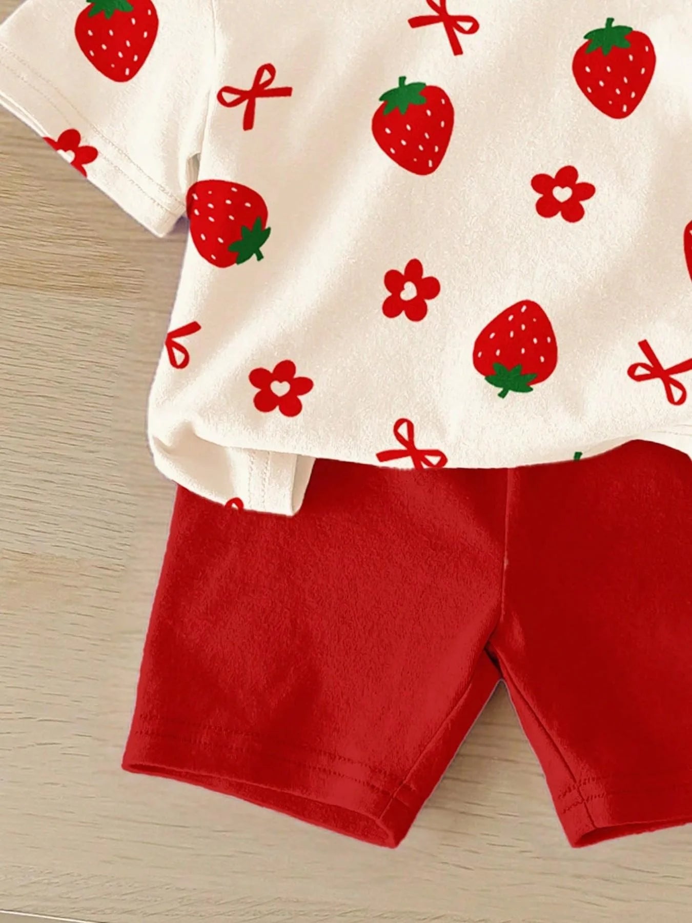 Kids Girls 2-Piece Summer Outfit, Strawberry Print Short Sleeve T-Shirt + Red Biker Shorts Casual Set
