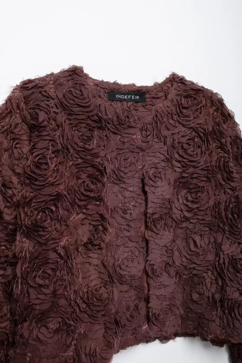 Spring and Autumn Simple Pure Color Round Neck Tops with Three-Dimensional Flower Shaped Texture Long Sleeved Jacket for Women