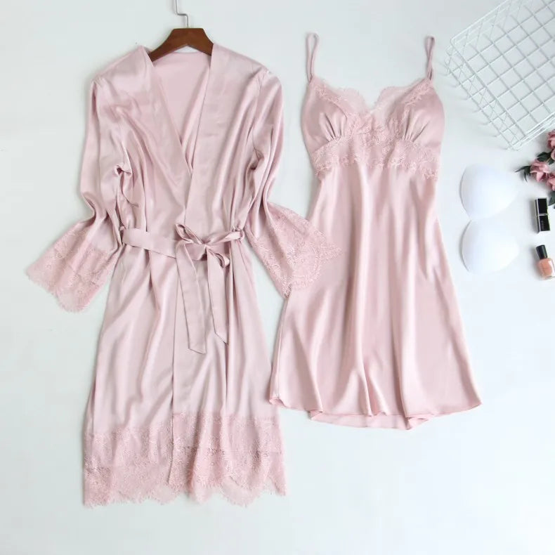 Women Pajamas Five Piece Set Spring Summer Sleepwear Nightgown Sexy Lace Bath Robe Gown Loose Silk Satin Home Wear Loungewear