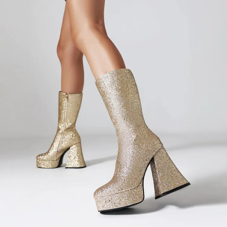 Ochanmeb Women Gold Sequins Boots Platforms Super High Chunky Heels Pink Mid-Calf Boots Gothic Zipper Woman Silver Glitter Shoes