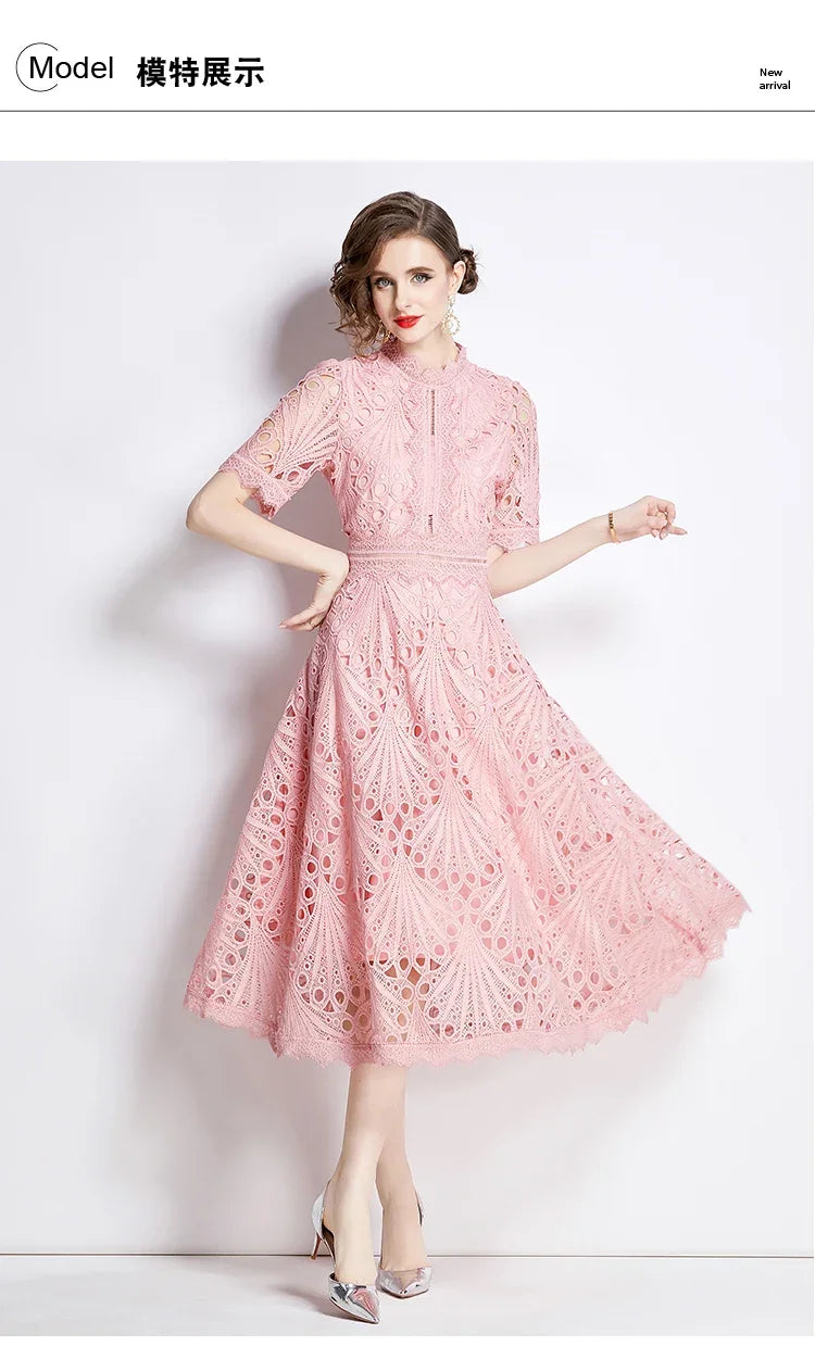 SMTHMA Vintage High-End O-Neck Short Sleeve Lace Hollow Out Dress For Women's Summer Slim Elegant Long Dress Female Clothing