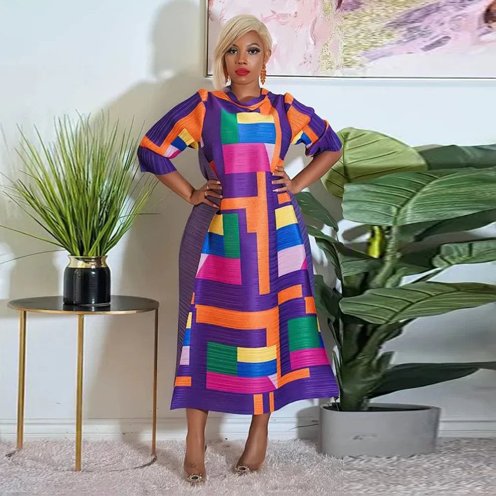 African Dresses for Women Summer Fashion Style African 3/4 Sleeve Polyester O-neck Pleated Dress Dashiki African Clothes Women