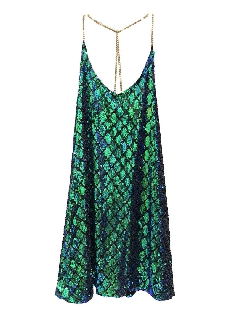 Sexy Dresses Party Night Club Dress 2020 Dress Summer Metal Hanging Neck Sequins Backless Holiday Skirt with Shoulder-straps