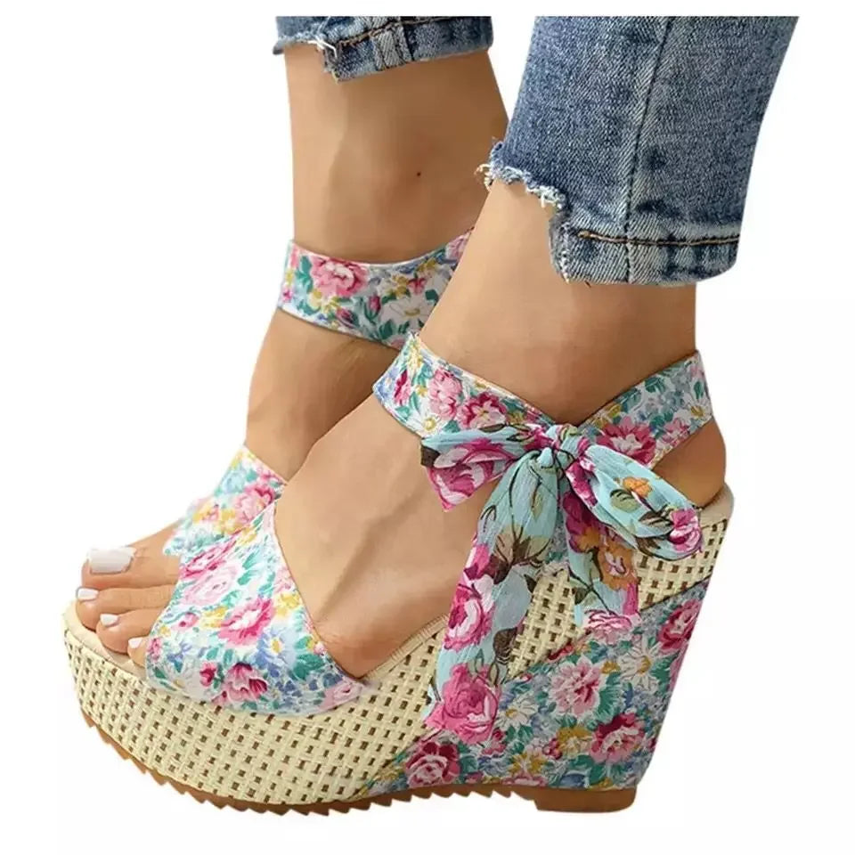 Summer New Fashion Slope Heel Fish Mouth Women's Sandals Party Lace Lace Strap Waterproof Platform Thick soled High Heels
