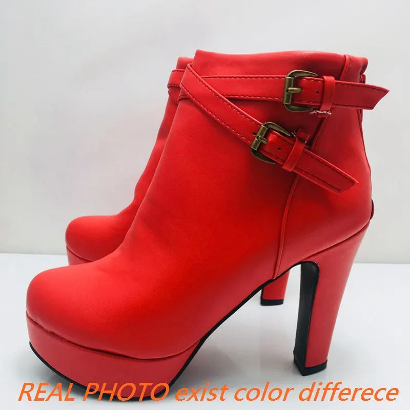 REAVE CAT Size 34-50 Ladies Platform Ankle Boots Party Office Women Fashion 12CM Thick High Heels Buckle Shoes F1484