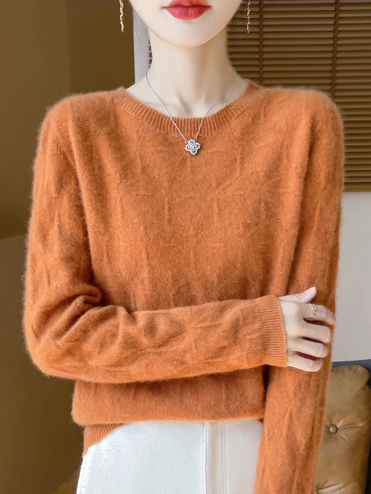 Women 100% Merino Wool Sweater Casual Hollow out Cashmere Blouse O-neck Pullover Tops Autumn Winter Warm Knit Woman Wool Sweater