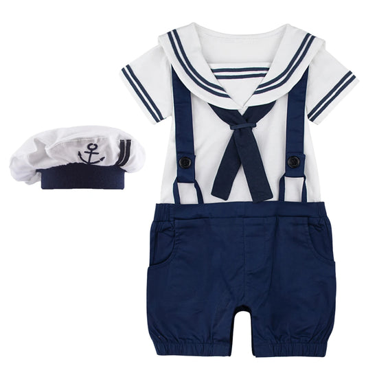 Baby Boy Sailor Romper Infant Carnival Costume Newborn Nautical Sailor Navy Jumpsuit Halloween Mariner Outfits with Hat
