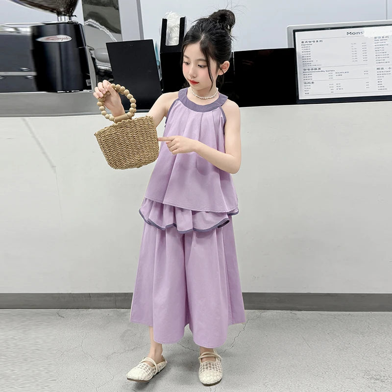 Girls Summer Casual Loose Skirt Pants Set Two Piece Outfit Big Kids Fashion Children's Clothing Set Comfortable