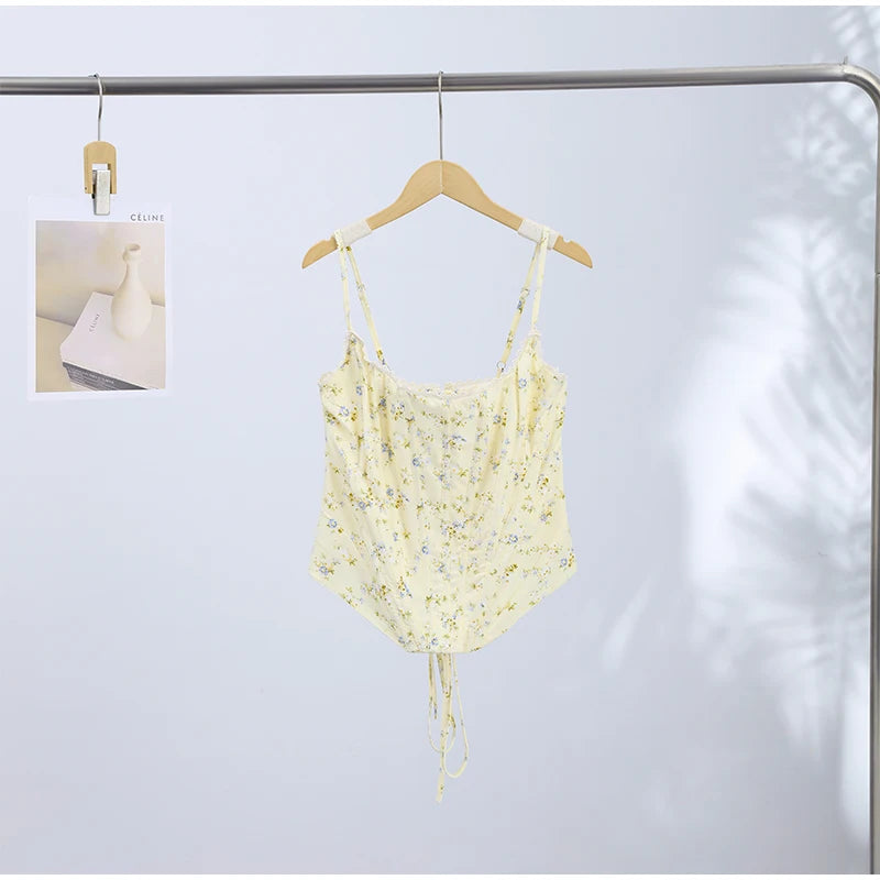Floral Printed Fish-bone Tank Tops Women's Slim Sleeveless Back Lace-up Waist-cinching Blouses 2026 New Ladies Summer Outfit