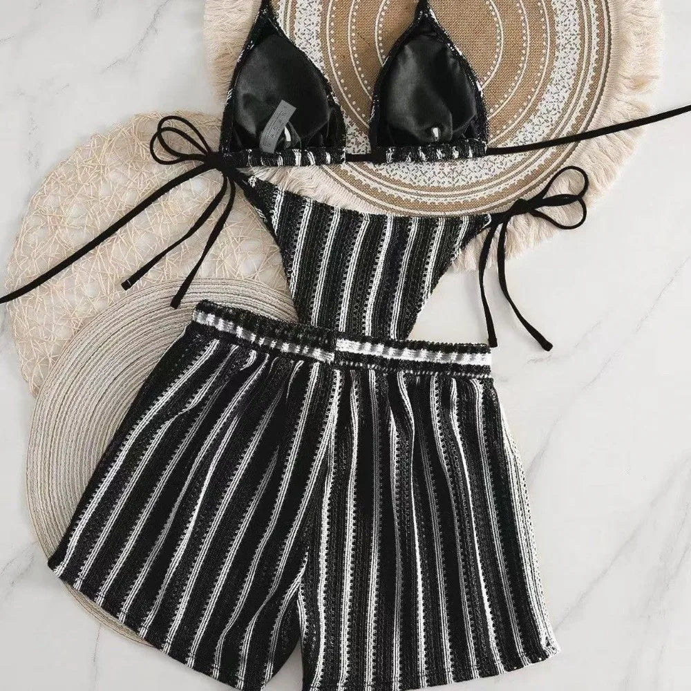 Casual Stripes 3 in 1 Swimwear Set Sleeveless Slim Fit Bikini Bathing Suit Lace Up Deep-V Knitting Swimsuit Beach