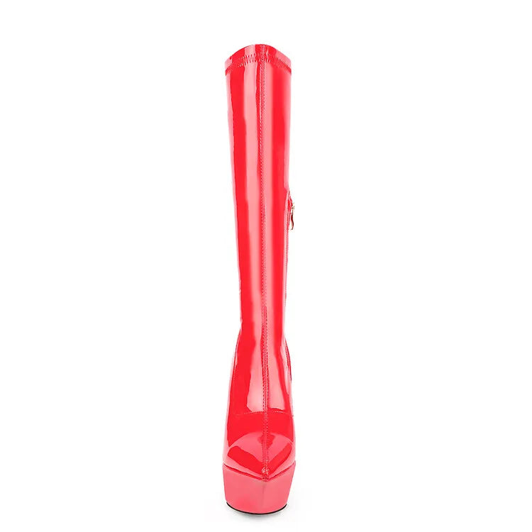 New Women Knee High Boots Patent Leather Pointed 15cm High Heels Winter Short Plush Waterproof Platform Girl Boots Large 34-45