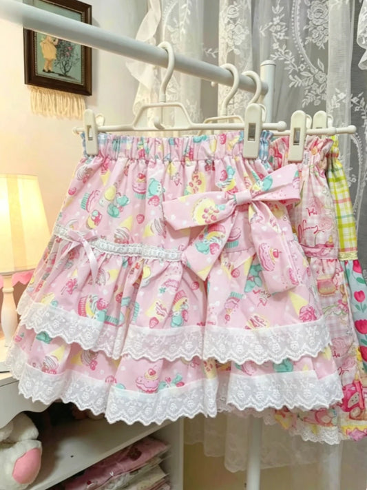 Sweet Kawaii Cake Printed Japanese Skirt For Ladies Lolita Lace Spliced Pleated Mini Skirt Summer Y2k High Waist A-Line Skirt