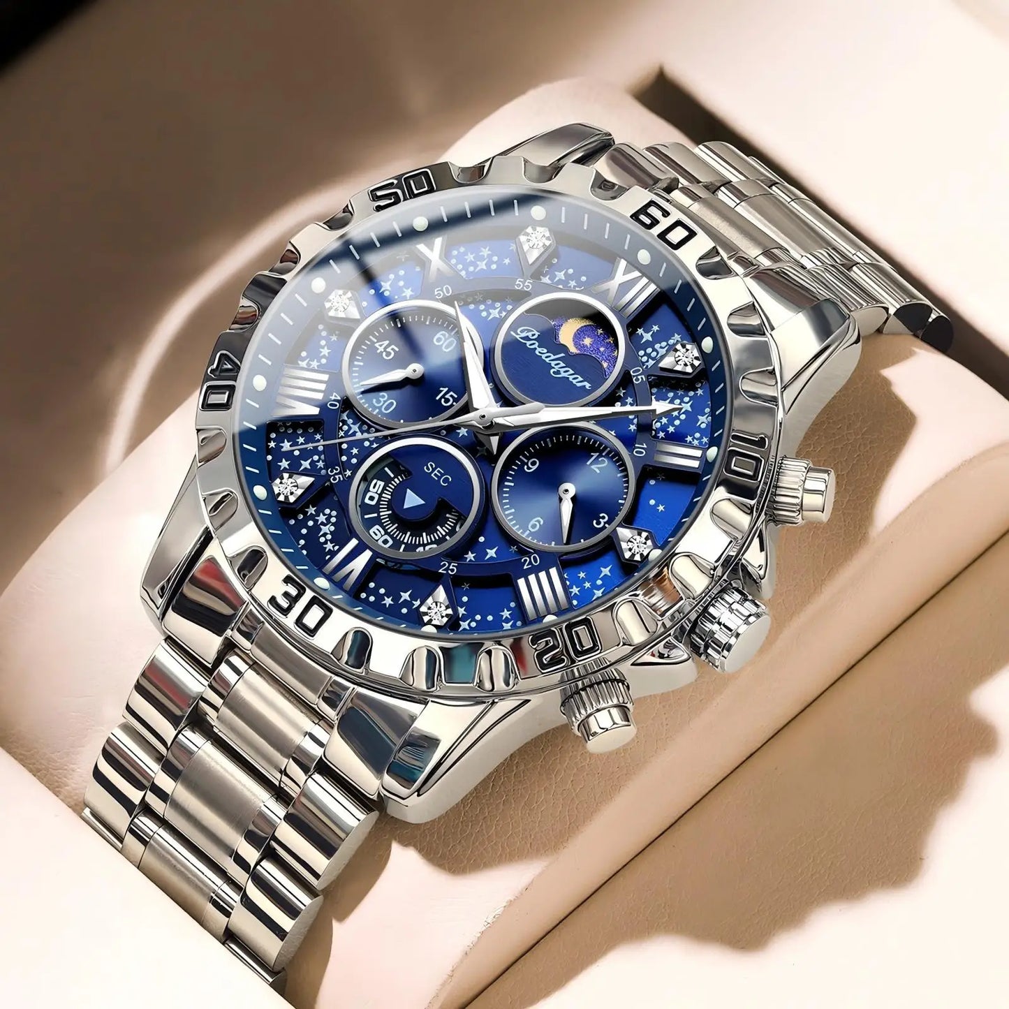 POEDAGAR Trendy Men Watch Chronograph Waterproof Luminous Stainless Steel Man Wristwatch Luxury Business Quartz Watches For Men