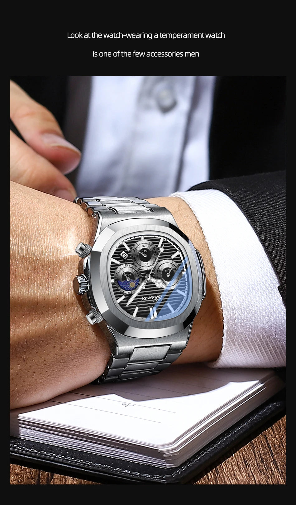 CHENXI Fashion Luxury Men's Watches Stainless Steel Quartz Movement Waterproof Calendar Moon Phase Chronograph Watch for Men