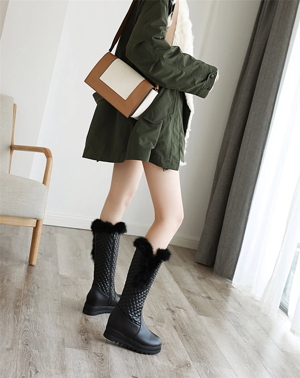 Winter Warm Fur Knee High Boots Womens Platform Snow Boots High Heels Female Padded Shoes  High Boots  Free Ship Big Size 41