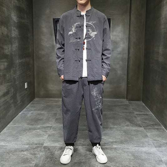 Two piece set （Shirt +Pants） Men Embroidery Linen Cotton Suit Chinese Style Shirt Men's Casual Loose Pants Retro Kungfu Trousers