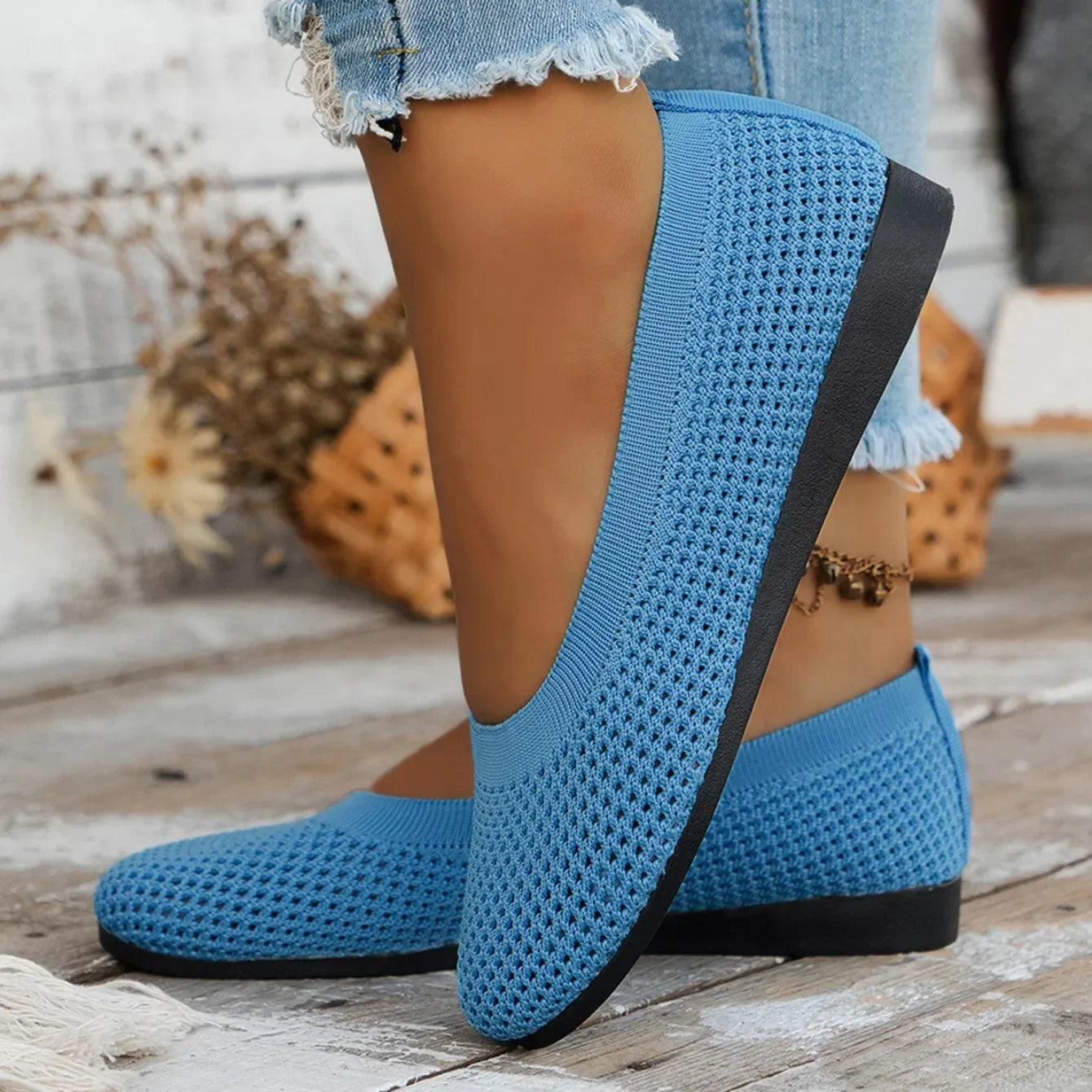 Women Round Toe Flat Shoes Solid Color Knitted Slip on Shoes Casual Breathable Ballet Flats Women Mesh Flat Shoes Loafers Woman