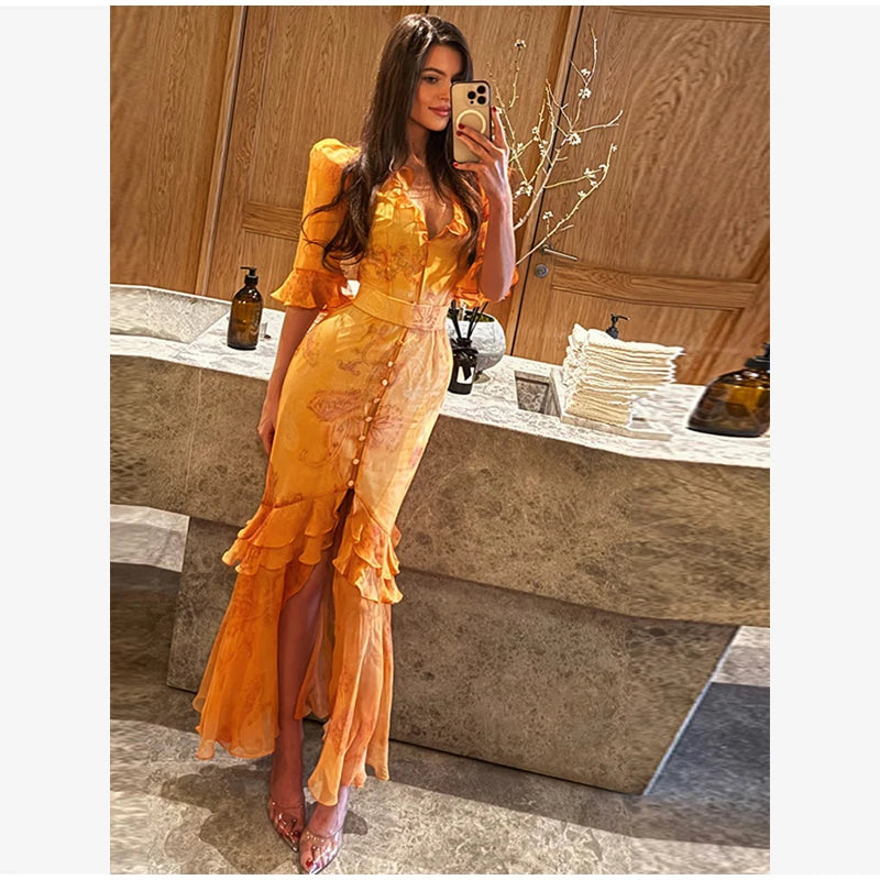 Chic Floral Puff Sleeve Women Maxi Dress Sexy V Neck Button Down Ruffle Slit Vestidos 2026 Summer New Lady Daily Party Sundress