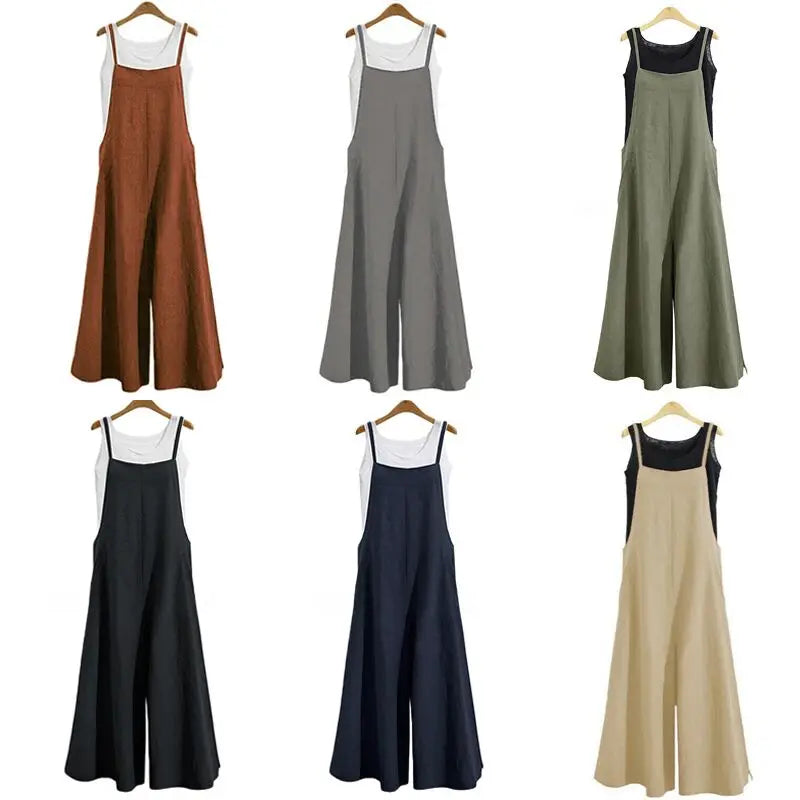 Women Loose Casual Playsuit Trousers Wide Leg Pants Overalls Baggy Romper Lady Chic Summer Sleeveless Cotton Loose Jumpsuits 5XL