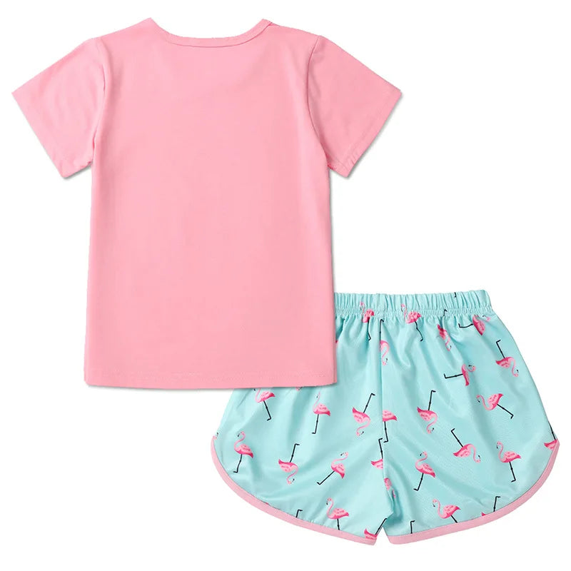Children's Summer Casual Clothing Baby Girls Animals Printed Pink T-Shirts+Shorts Two-Piece For Kids Pajamas Set Home Wear Suits